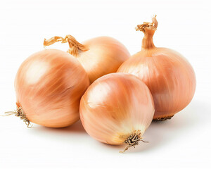 A pile of onions isolated on white background. Close-up Shot. 