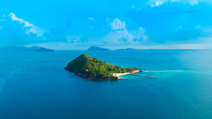 Aerial view of Koh Kham, Trat Province, Gulf of Thailand sea, natural blue water. Tropical seas of Thailand The beautiful scenery of the island is very impressive.