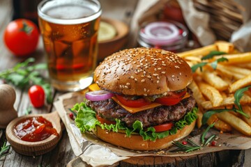 Gourmet cheeseburger with lettuce, tomato, and onions, served with fries and craft beer