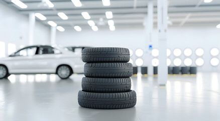 A car is parked in a garage with four tires stacked on top of each other, Bokeh garage background