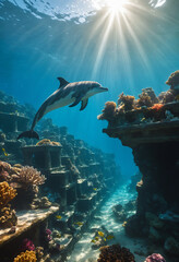Dolphin swimming in a coral reef with sunrays and sunbeams - obrazy, fototapety, plakaty