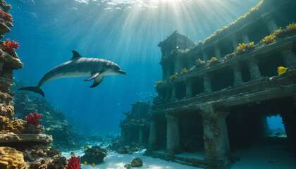 Dolphin swimming in the underwater world of ancient ruins