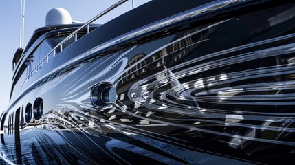 The intricate patterns on the polished black hull of a luxury yacht catch the eye reminiscent of modern art and luxury design. - obrazy, fototapety, plakaty