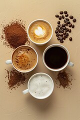 Obraz na płótnie Canvas Assorted organic coffee drinks on a beige background