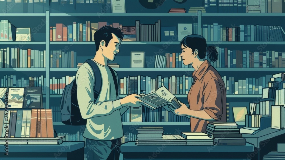 Poster the satisfied expression on a customers face as they receive help from a bookstore staff member in f