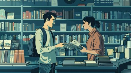 The satisfied expression on a customers face as they receive help from a bookstore staff member in finding a book on a specific topic emphasizing the staffs expertise and