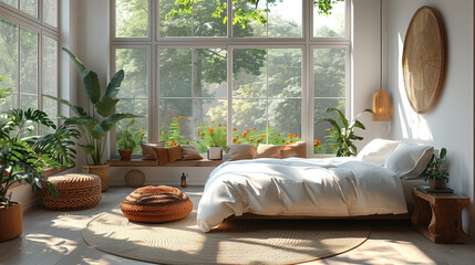 Bright and airy modern bedroom interior featuring white bedding, large windows, and indoor plants...
