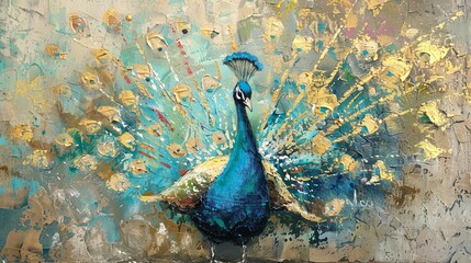 Impressionist oil painting of a peacock with nostalgic golden brushstrokes and textured background - obrazy, fototapety, plakaty