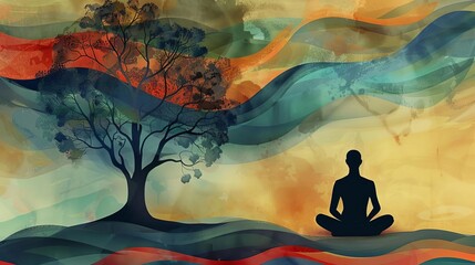 Mindful Meditation, Abstract Human Figure with Thought Tree, Mental Health Concept Illustration
