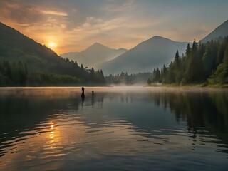 A solitary angler casts into the misty waters of a lake embraced by towering mountains, evoking tranquility and solitude - obrazy, fototapety, plakaty