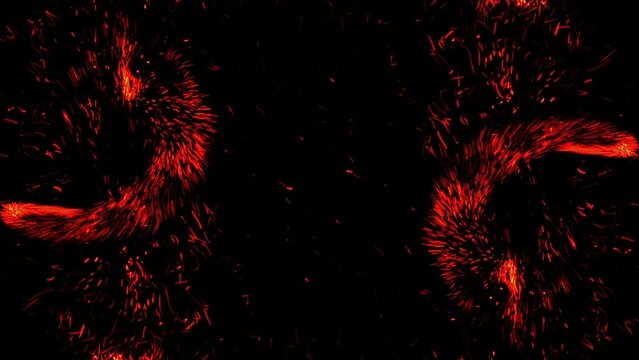 Abstract animation. Two red fast Lights Trail On Black Background. Firework. Fireballs with glowing tails.. The twinkle stars lines. High quality 4k footage
