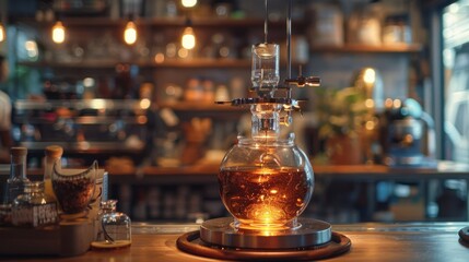 Artisan coffee brewing using a siphon in a cozy café setting - obrazy, fototapety, plakaty