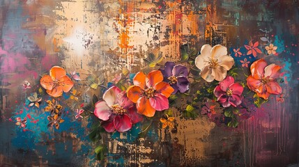 Modern impressionism painting with abstract elements, metal texture and flowers