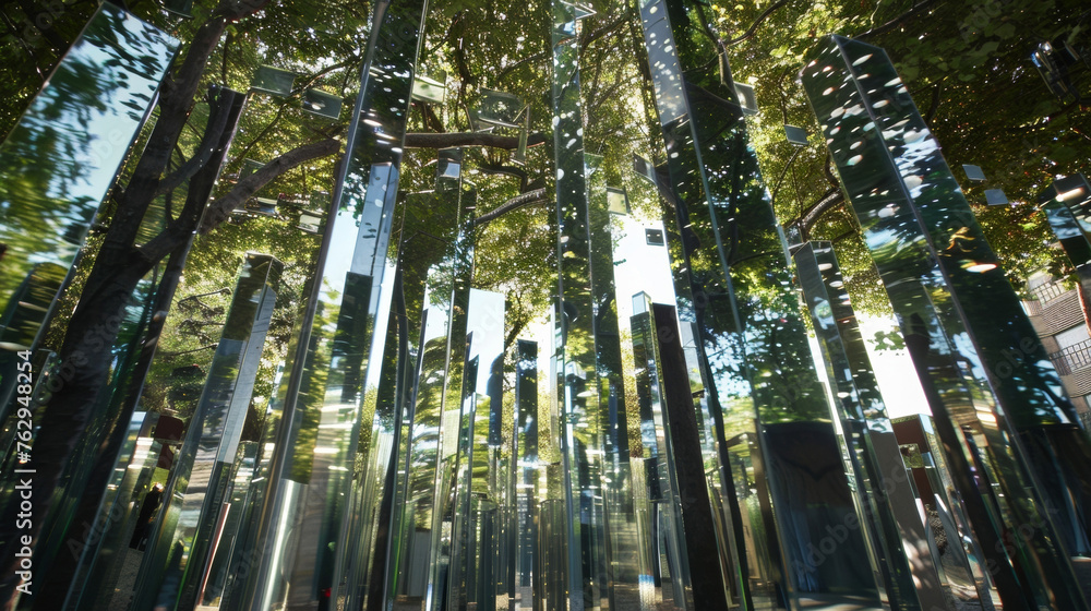 Poster a detailed shot of a kinetic sculpture composed of strategically p mirrors. the reflective surfaces 