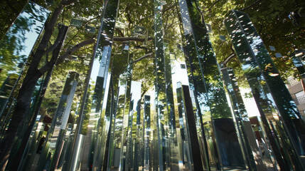 A detailed shot of a kinetic sculpture composed of strategically p mirrors. The reflective surfaces capture and distort the surrounding environment creating an everchanging
