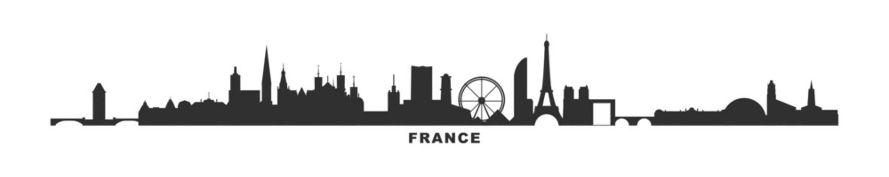 France country skyline with cities panorama. Vector flat banner, logo. Paris, Lyon, Marseille, Toulouse, Strasbourg silhouette for footer, steamer, header. Isolated graphic
