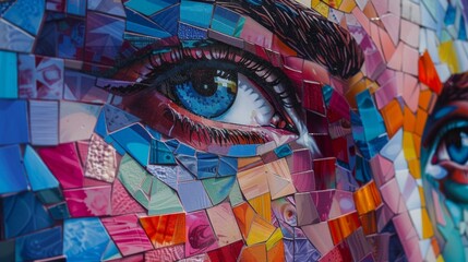 An upclose look at a mosaic mural covering an entire wall of the art school building. Hundreds of brightly colored tiles come together to form a stunning abstract image showcasing