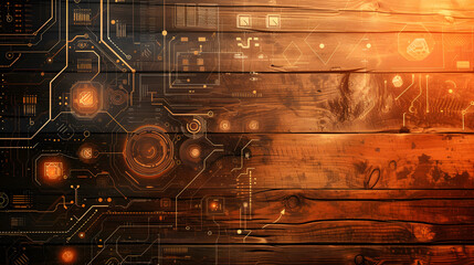 wood texture background juxtaposed with unexpected elements, such as digital circuitry, futuristic symbols, or abstract shapes