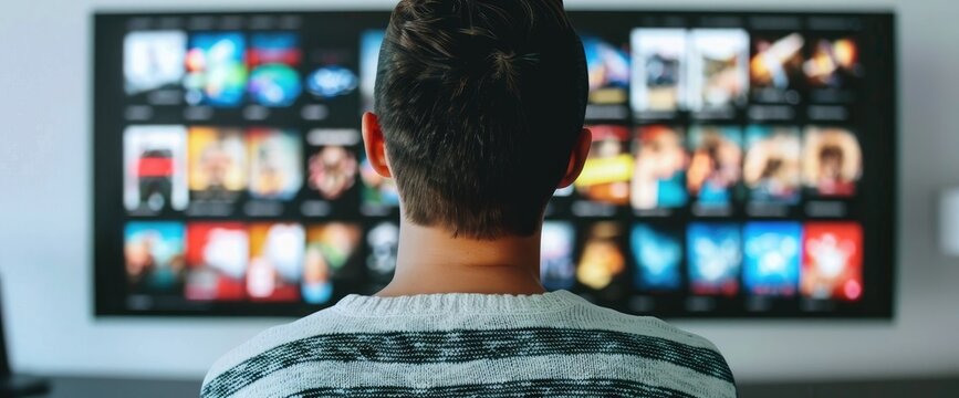 Young Person Engrossed in Selecting Programs on a Large Screen Smart TV, Entertainment at Home
