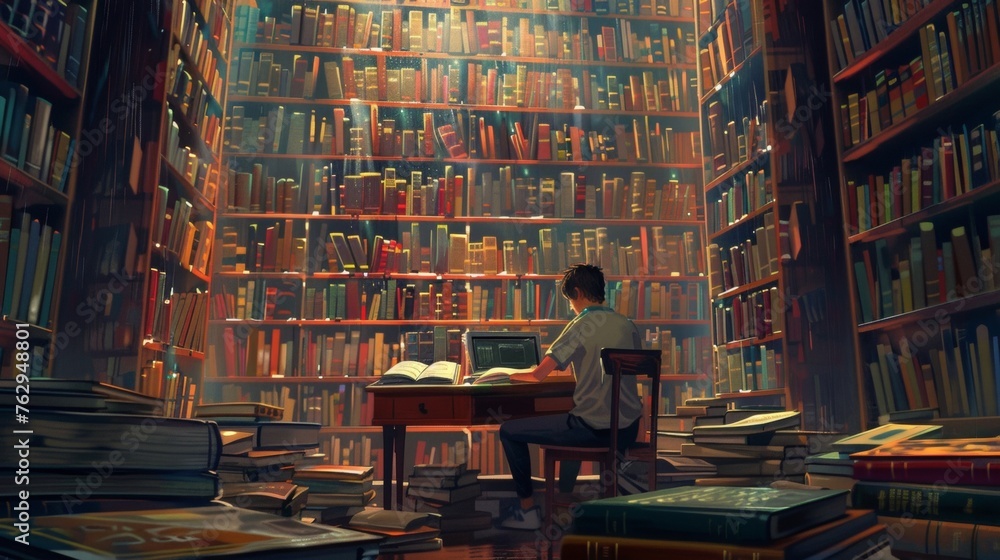 Aufkleber a student sits at a desk in a quiet corner of the library surrounded by towering bookshelves. the in