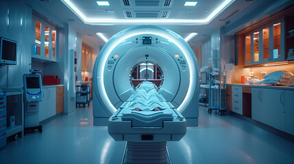 Futuristic hospital MRI room within a clean showcasing a high tech scanner and cutting edge medical devices. - obrazy, fototapety, plakaty