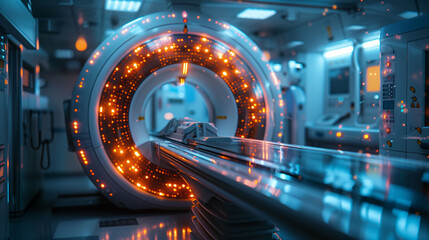 Futuristic hospital MRI room within a clean showcasing a high tech scanner and cutting edge medical devices.