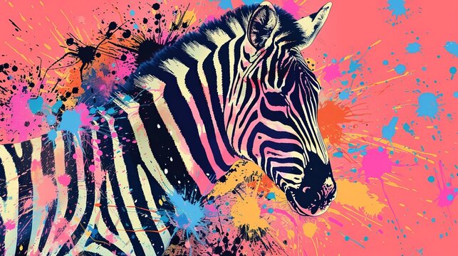 Vibrant abstract zebra artwork with splattered paint background, modern digital illustration