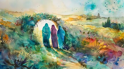 Vibrant watercolor painting of three women at empty tomb on Easter morning