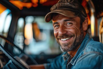 A smiling male tractor driver.