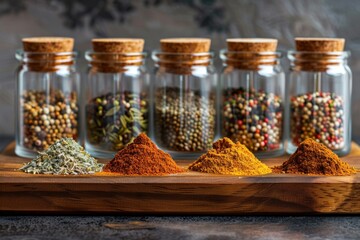 Six glass spice jars with various colorful spices isolated on a wooden table. Spices include dried oregano, paprika, mustard seeds, black peppercorns, turmeric, and chili powder.