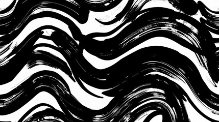 Wavy and swirled brush strokes vector seamless pattern, bold curved lines and squiggles ornament, seamless horizontal banner with doodle bold lines, black and white wallpaper, digital painting - obrazy, fototapety, plakaty