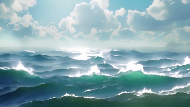 Ocean with stormy clouds and churning waves and blue sky and clouds