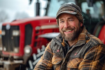A smiling male tractor driver standing in front of tractor.