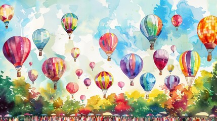 Whimsical hot air balloon festival with colorful balloons and cheerful crowds, lively watercolor illustration
