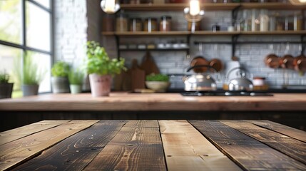 Fototapeta na wymiar Wooden Kitchen Table on Blurred Bench Background, Empty Surface for Food Display Mockup