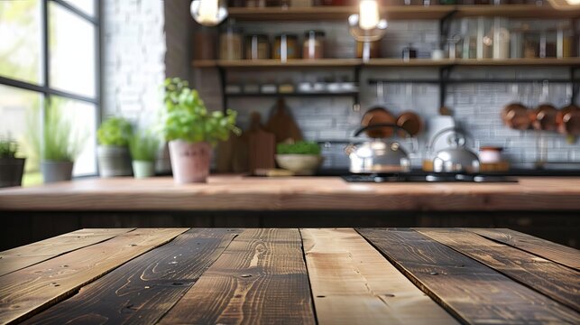 Wooden Kitchen Table on Blurred Bench Background, Empty Surface for Food Display Mockup
