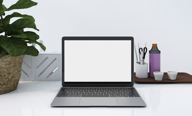 Fototapeta premium Empty white screen laptop, copy space on the device, working desk decoration with a pot of small plant, mockup office table and white background, work from home concept, 3d rendering