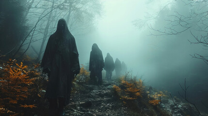 Obraz premium A creepy and sinister cult gathers, adding an eerie atmosphere to the mysterious surroundings, In a haunted, foggy forest.
