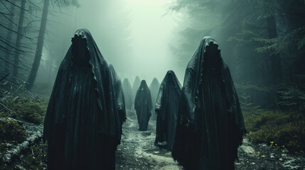 A creepy and sinister cult gathers, adding an eerie atmosphere to the mysterious surroundings, In a haunted, foggy forest. - obrazy, fototapety, plakaty