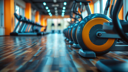 A spacious, well equipped modern gym with floor to ceiling windows offering an inspiring cityscape view during workouts.