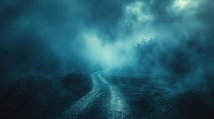 A hauntingly melancholic scene unfolds as a foggy, dark forest path leads into the depths of horror and mystery.
