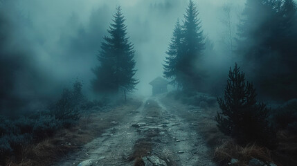 A hauntingly melancholic scene unfolds as a foggy, dark forest path leads into the depths of horror and mystery. - obrazy, fototapety, plakaty