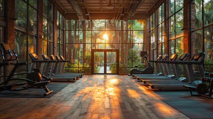 A spacious, well equipped modern gym with floor to ceiling windows offering an inspiring cityscape view during workouts.