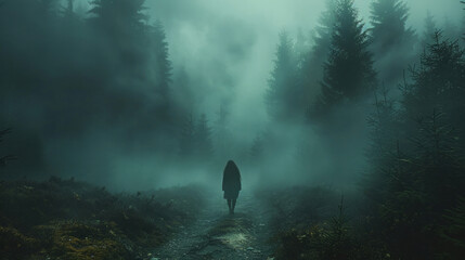 A hauntingly melancholic scene unfolds as a foggy, dark forest path leads into the depths of horror and mystery. - obrazy, fototapety, plakaty