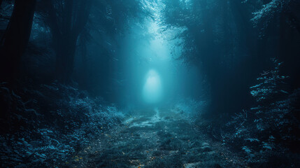 A hauntingly melancholic scene unfolds as a foggy, dark forest path leads into the depths of horror and mystery.