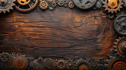 wood texture background infused with steampunk elements, such as gears, cogs, and metallic accents, creating a unique blend of natural and industrial aesthetics