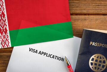 Visa application form, passport and flag of Belarus
