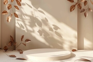 Product presentation podium with leaves and shadows, beige color. 
