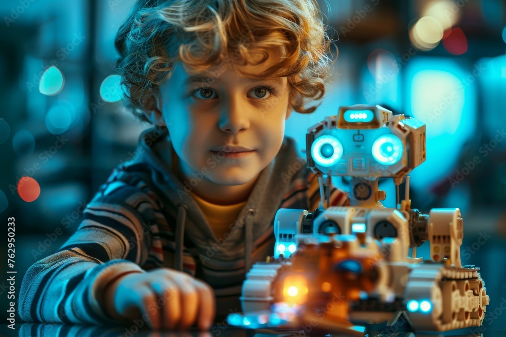 Poster young robotics engineer with a toy robot in a creative learning environment