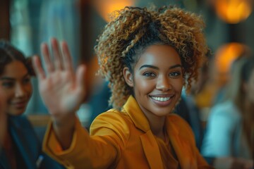 Businesswoman giving a high five. - obrazy, fototapety, plakaty